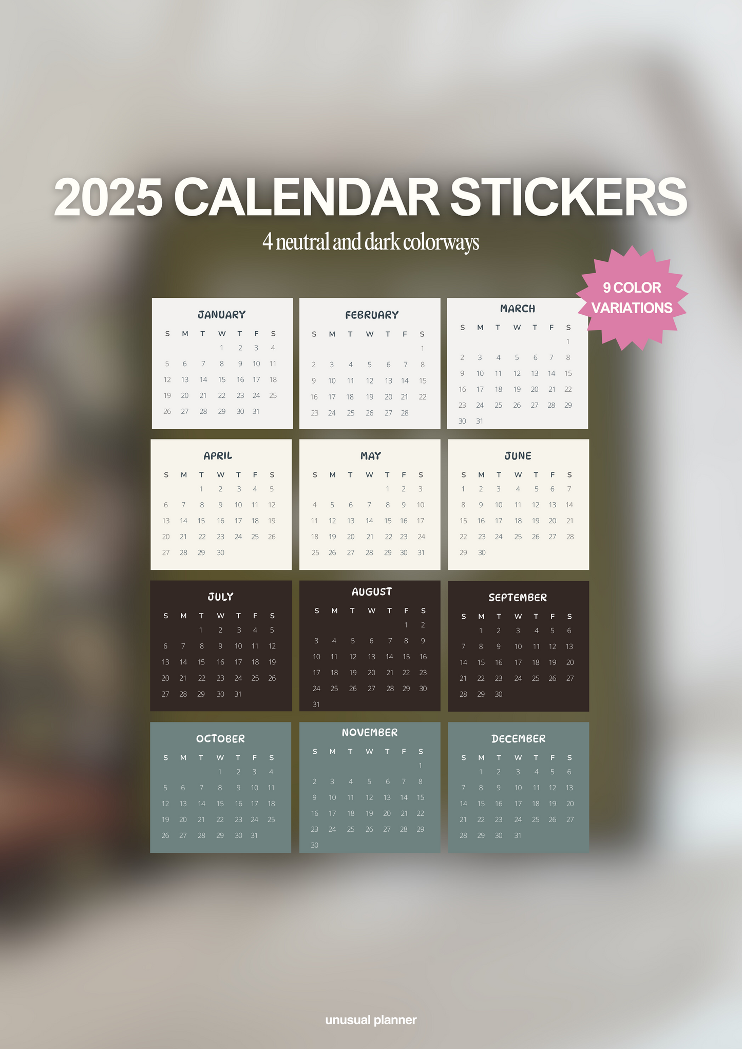 2025 Mini Calendar Stickers